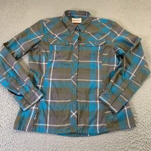 Simms Fishing‎ Shirt Womens Large Button Up Teal Plaid Pockets Outdoor Utility